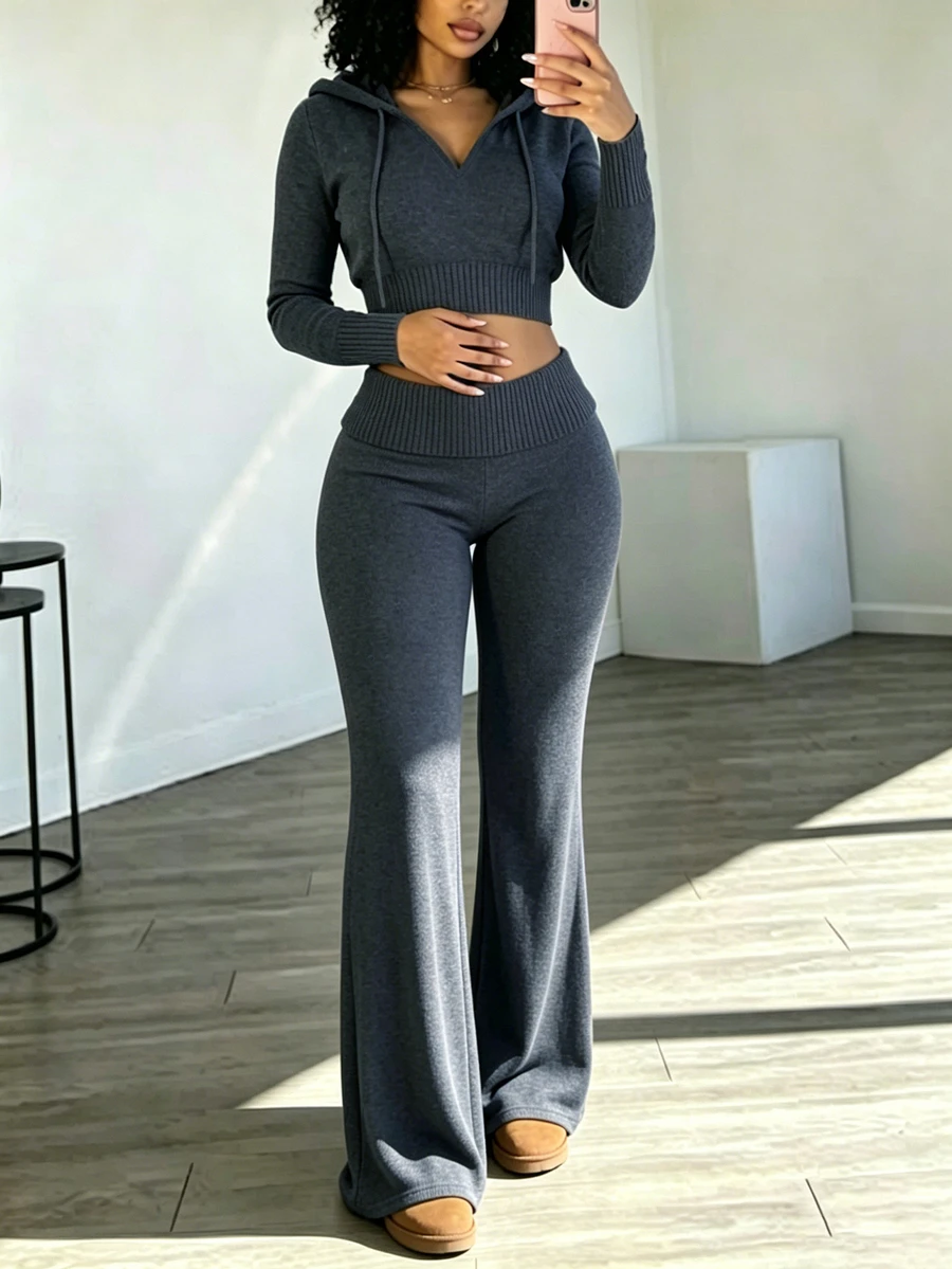 Rovax Short Fitted Hooded Long Sleeve Top + Fitted Flared Leg Pants - Grey - View 1