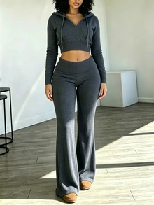 Rovax Short Fitted Hooded Long Sleeve Top + Fitted Flared Leg Pants - Grey - View 4