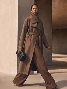 Vesra Premium Women's Winter Wool Blend Casual Versatile Coat With Scarf, Tie Closure And Horn Buttons - Coffee Brown - View 8