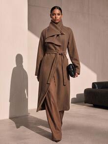 Vesra Premium Women's Winter Wool Blend Casual Versatile Coat With Scarf, Tie Closure And Horn Buttons - Coffee Brown - View 3