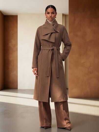 Vesra Premium Women's Winter Wool Blend Casual Versatile Coat With Scarf, Tie Closure And Horn Buttons