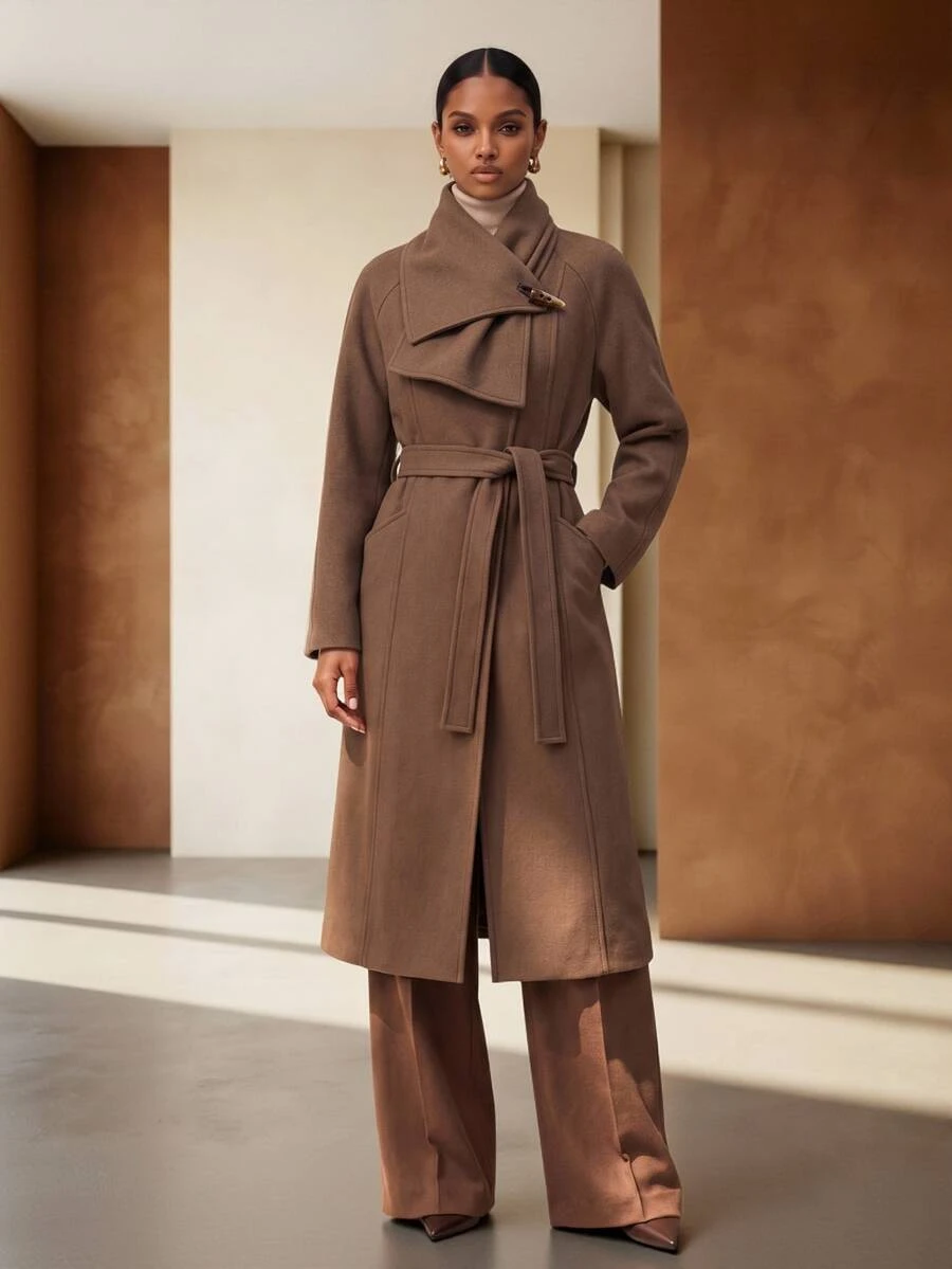 Vesra Premium Women's Winter Wool Blend Casual Versatile Coat With Scarf, Tie Closure And Horn Buttons - Coffee Brown - View 1