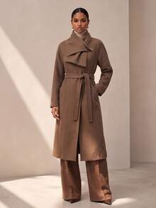 Vesra Premium Women's Winter Wool Blend Casual Versatile Coat With Scarf, Tie Closure And Horn Buttons - Coffee Brown - View 6