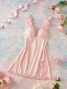 Elorette Women's Solid Color Bow Decor Flutter Sleeve Nightgown - Dusty Pink - View 5