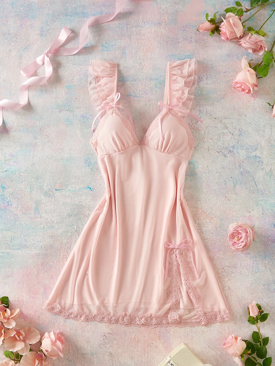 Elorette Women's Solid Color Bow Decor Flutter Sleeve Nightgown - Dusty Pink - View 1