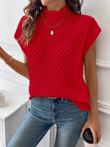 SHEIN LUNE Women Elegant Red Romantic Texture Sleeveless Crew Neck Knit Sweater Valentine's Day, Christmas - Red - View 5