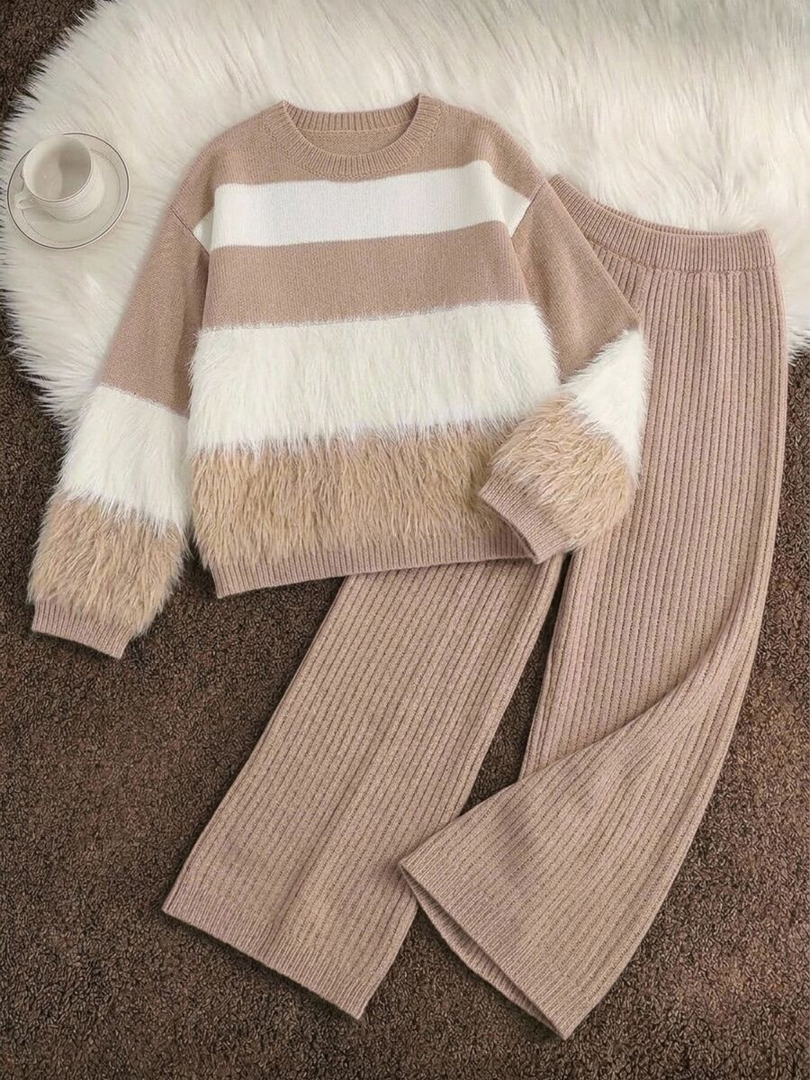 SHEIN 2pcs/Set Autumn/Winter Girls' Round Neck Fuzzy Knit Sweater And Ruffle Hem Long Pants Set - Apricot - View 1