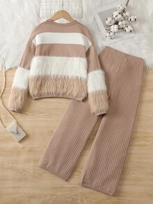 SHEIN 2pcs/Set Autumn/Winter Girls' Round Neck Fuzzy Knit Sweater And Ruffle Hem Long Pants Set - Apricot - View 2