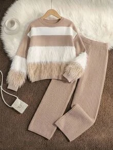 SHEIN 2pcs/Set Autumn/Winter Girls' Round Neck Fuzzy Knit Sweater And Ruffle Hem Long Pants Set - Apricot - View 3