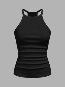 Slaydiva Women's Black Summer Basic Ribbed Tank Top,Casual Crew Neck Racer Back Off-Shoulder Vest For Night Out,Parties,Sports & Yoga,Boho Beach Outfits - Black - View 3
