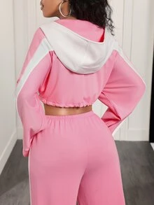 BamGleam جاكيت رياضي نسائي قصير بقلنسوة وسحاب وأكمام طويلة بتصميم كتل لونية - وردي - مشاهدة 2