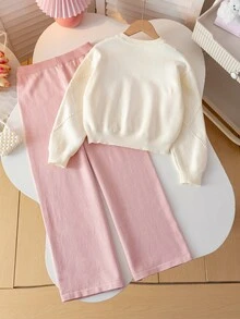 8-12 Years Old Girls Drop Shoulder Rhombus Grid Cable Knit Sweater & Wide Leg Pants 2 Pieces Set, 3D Bow Decor Knitted Outfit For Autumn/Winter - Beige - View 2
