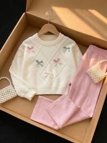 8-12 Years Old Girls Drop Shoulder Rhombus Grid Cable Knit Sweater & Wide Leg Pants 2 Pieces Set, 3D Bow Decor Knitted Outfit For Autumn/Winter - Beige - View 5