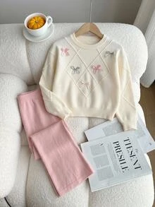 8-12 Years Old Girls Drop Shoulder Rhombus Grid Cable Knit Sweater & Wide Leg Pants 2 Pieces Set, 3D Bow Decor Knitted Outfit For Autumn/Winter - Beige - View 7