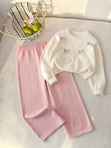 8-12 Years Old Girls Drop Shoulder Rhombus Grid Cable Knit Sweater & Wide Leg Pants 2 Pieces Set, 3D Bow Decor Knitted Outfit For Autumn/Winter - Beige - View 4