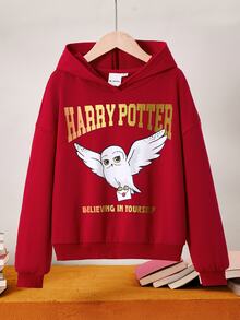 HARRY POTTER X SHEIN Tween Girl Cartoon Owl Letter Print Red And Gold Casual Preppy Versatile Sweatshirt School Autumn - Red - View 3