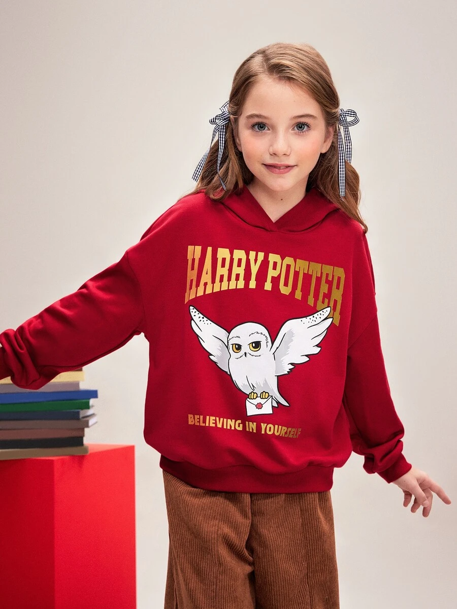 HARRY POTTER X SHEIN Tween Girl Cartoon Owl Letter Print Red And Gold Casual Preppy Versatile Sweatshirt School Autumn - Red - View 1