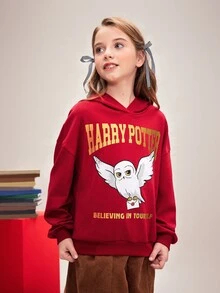 HARRY POTTER X SHEIN Tween Girl Cartoon Owl Letter Print Red And Gold Casual Preppy Versatile Sweatshirt School Autumn - Red - View 6