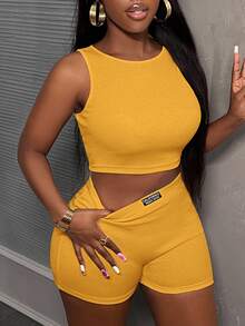 Slaydiva Minimalist Casual Basic Sleeveless Cropped Tank Top And High Waist Fitted Shorts 2 Pieces Set, Ribbed Knit Women - Yellow - View 6
