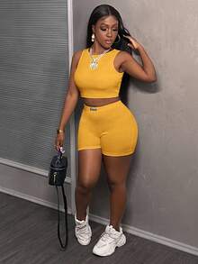 Slaydiva Minimalist Casual Basic Sleeveless Cropped Tank Top And High Waist Fitted Shorts 2 Pieces Set, Ribbed Knit Women - Yellow - View 5