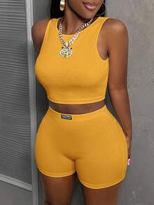 Slaydiva Minimalist Casual Basic Sleeveless Cropped Tank Top And High Waist Fitted Shorts 2 Pieces Set, Ribbed Knit Women - Yellow - View 3