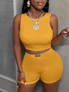 Slaydiva Minimalist Casual Basic Sleeveless Cropped Tank Top And High Waist Fitted Shorts 2 Pieces Set, Ribbed Knit Women - Yellow - View 7
