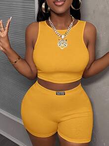 Slaydiva Minimalist Casual Basic Sleeveless Cropped Tank Top And High Waist Fitted Shorts 2 Pieces Set, Ribbed Knit Women - Yellow - View 8