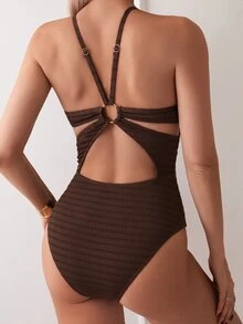 SHEIN Swim 女性夏季海灘固色繃褶設計休閒細肩一件式泳衣洋裝 - 棕色 - 查看 8