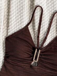 SHEIN Swim 女性夏季海灘固色繃褶設計休閒細肩一件式泳衣洋裝 - 棕色 - 查看 7