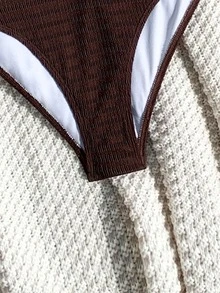 SHEIN Swim 女性夏季海灘固色繃褶設計休閒細肩一件式泳衣洋裝 - 棕色 - 查看 6