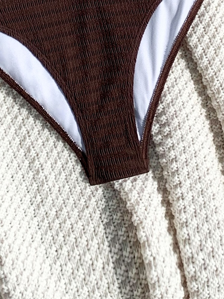 SHEIN Swim Women Summer Beach Solid Color Ruched Casual Spaghetti Strap One-Piece Swimsuit Bathing Suit - Brown - View 6