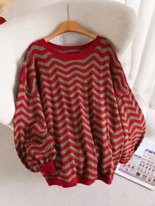 CosyJoli Plus Size Women's Round Neck Contrast Color Wavy Striped Long Sleeve Sweater Christmas - Multicolor - View 6