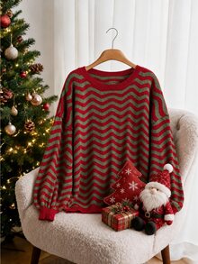 CosyJoli Plus Size Women's Round Neck Contrast Color Wavy Striped Long Sleeve Sweater Christmas - Multicolor - View 3