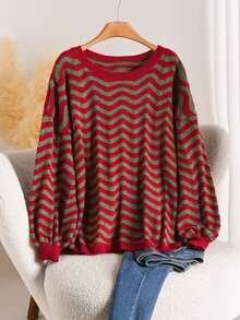 CosyJoli Plus Size Women's Round Neck Contrast Color Wavy Striped Long Sleeve Sweater Christmas - Multicolor - View 4