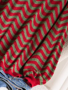 CosyJoli Plus Size Women's Round Neck Contrast Color Wavy Striped Long Sleeve Sweater Christmas - Multicolor - View 8