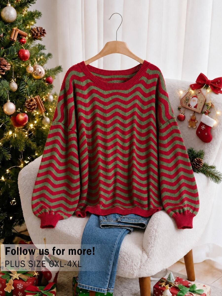 CosyJoli Plus Size Women's Round Neck Contrast Color Wavy Striped Long Sleeve Sweater Christmas