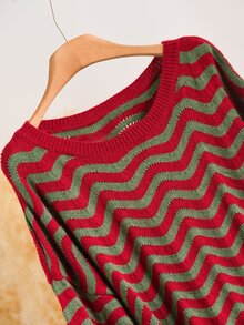CosyJoli Plus Size Women's Round Neck Contrast Color Wavy Striped Long Sleeve Sweater Christmas - Multicolor - View 7