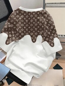 HypeHours 复古美式拼接牛仔布和花卉印花宽松小众设计男女通用圆领短袖图案T恤 - 彩色 - 查看 2