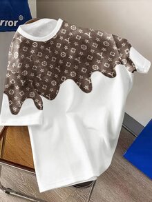 HypeHours 复古美式拼接牛仔布和花卉印花宽松小众设计男女通用圆领短袖图案T恤 - 彩色 - 查看 3
