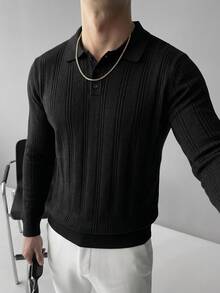 Manfinity Homme 歐美新博主風時尚設計成熟休閒男士 Polo 領套頭針織毛衣，深黑色針織上衣，適合辦公工作，秋季穿著 - 黑色 - 查看 1