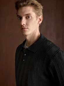 Manfinity Homme 歐美新博主風時尚設計成熟休閒男士 Polo 領套頭針織毛衣，深黑色針織上衣，適合辦公工作，秋季穿著 - 黑色 - 查看 9
