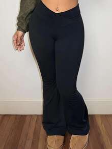 Slaydiva Nuevos Pantalones Acampanados De Talle Alto Con Envoltura En Color Sólido Simple Para Verano 2024 - Negro - Ver 2