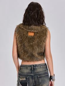 ROMWE Spring/Summer/Autumn/Winter Y2K Rock Style Metal Buckle Waist-Exposing Faux Fur Vest - Camel - View 2