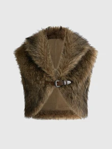 ROMWE Spring/Summer/Autumn/Winter Y2K Rock Style Metal Buckle Waist-Exposing Faux Fur Vest - Camel - View 6