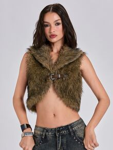 ROMWE Spring/Summer/Autumn/Winter Y2K Rock Style Metal Buckle Waist-Exposing Faux Fur Vest - Camel - View 5