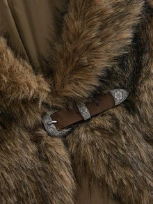 ROMWE Spring/Summer/Autumn/Winter Y2K Rock Style Metal Buckle Waist-Exposing Faux Fur Vest - Camel - View 8