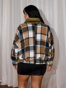 Rustia Plus Size Plaid Wool Blend Jacket With Faux Fur Collar, Casual Autumn/Winter Coat - Multicolor - View 2