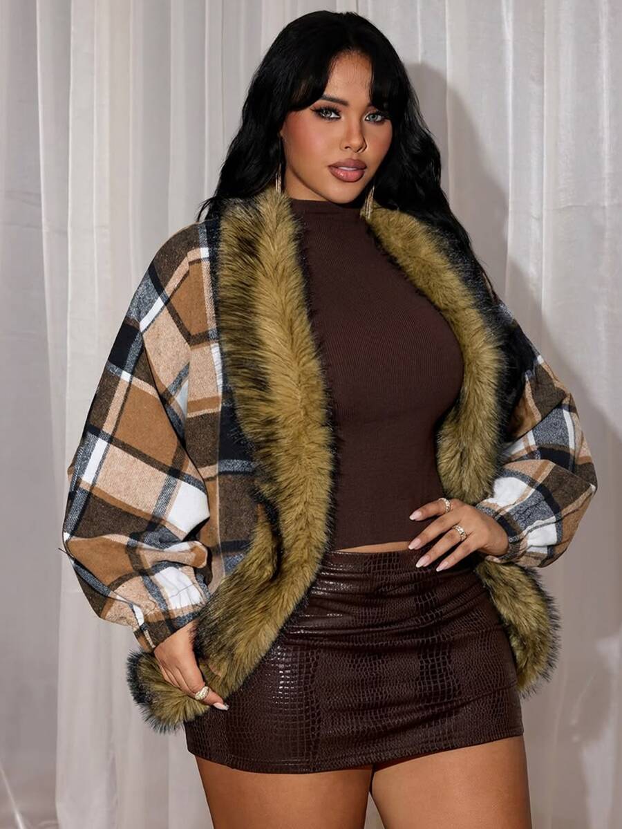 Rustia Plus Size Plaid Wool Blend Jacket With Faux Fur Collar, Casual Autumn/Winter Coat - Multicolor - View 1