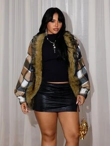 Rustia Plus Size Plaid Wool Blend Jacket With Faux Fur Collar, Casual Autumn/Winter Coat - Multicolor - View 6