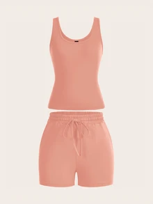 Slaydiva Women's Summer U-Neck Cropped Tank Top And Drawstring Pocket Shorts Set Outfits - Dusty Pink - View 4